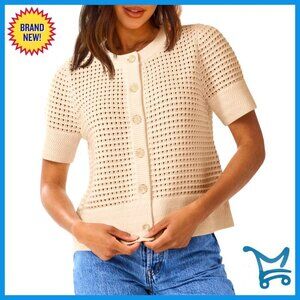 Crochet Short Sleeve Cardigan Button Up Crew Neck Boho Beach Summer Sweater Top